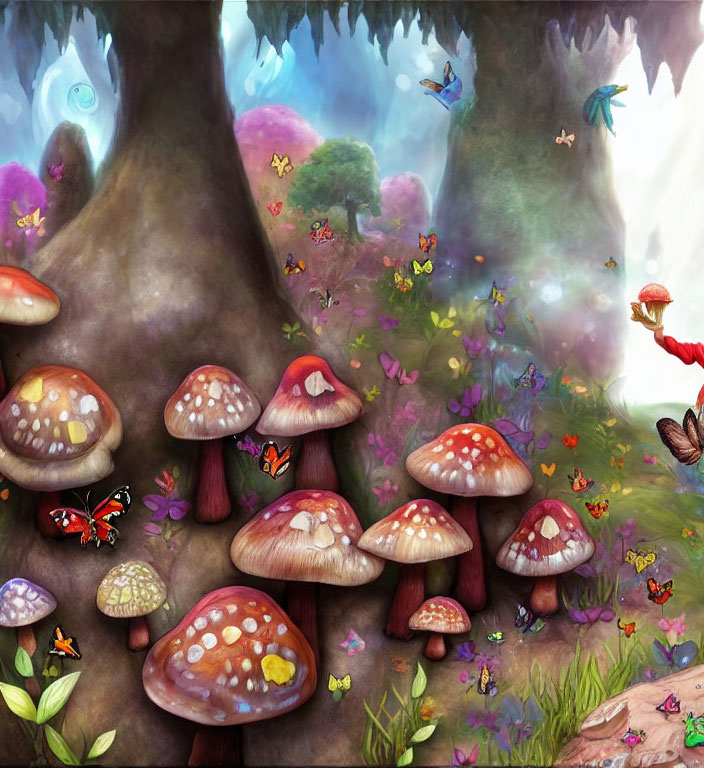 Colorful Mushrooms and Butterflies in Mystical Forest Scene