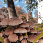 Colorful Mushrooms and Butterflies in Mystical Forest Scene