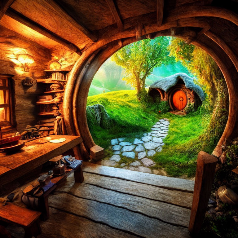 Warm Hobbit House Interior with Wooden Table & Round Door