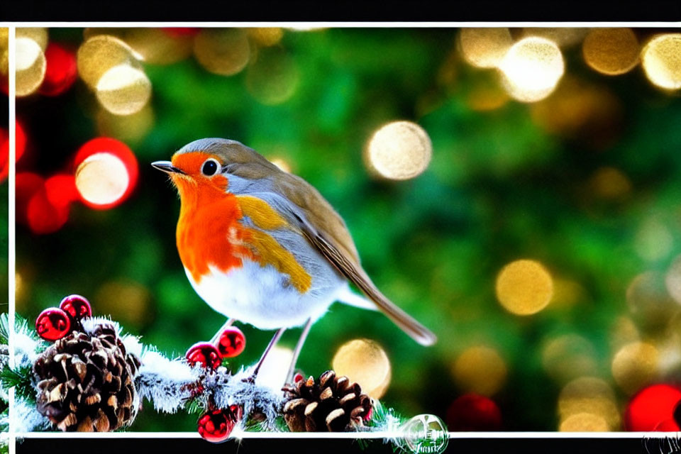 Robin on festive pine cone and berry arrangement with red and gold bokeh lights