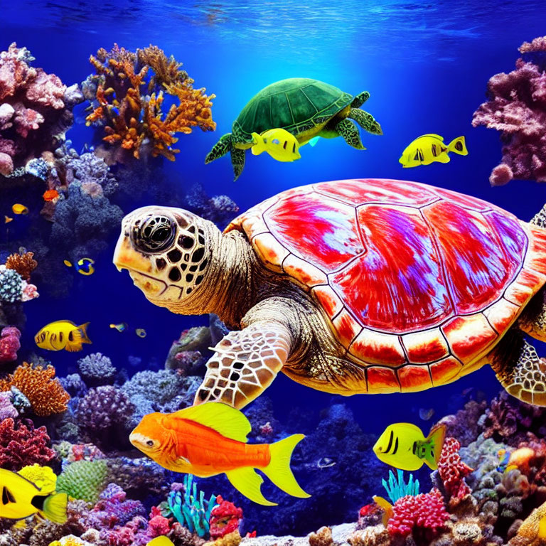 Colorful Underwater Scene with Sea Turtle, Fish, and Coral Reefs