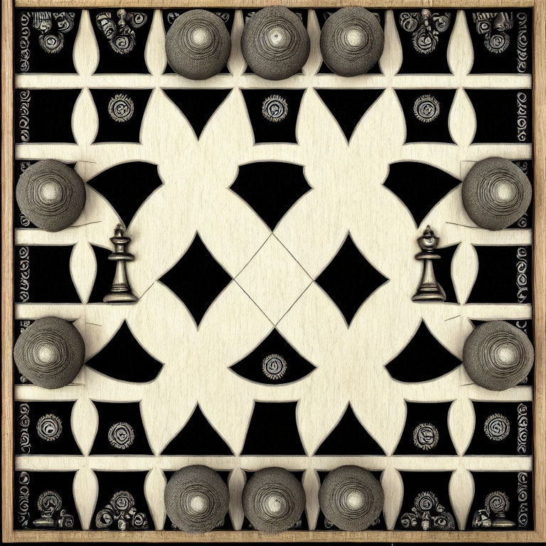 Symmetrical black and white chess piece pattern on square tiles