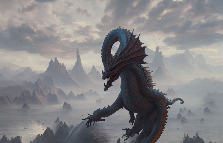 Majestic dragon on rock in misty mountain landscape