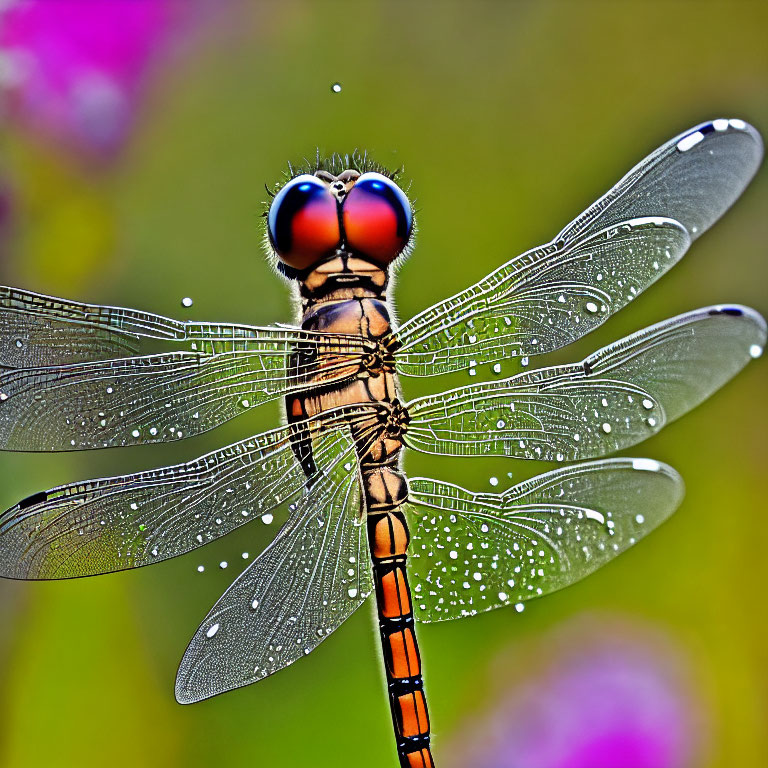 Macro shot of dew-covered dragonfly wings on floral backdrop