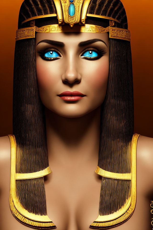 Woman with Cleopatra-Inspired Makeup and Headdress on Orange Background