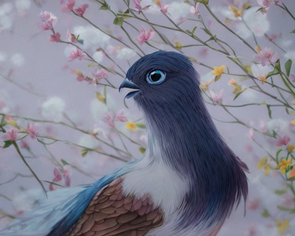 Realistic blue-grey pigeon in soft pink and yellow flower setting