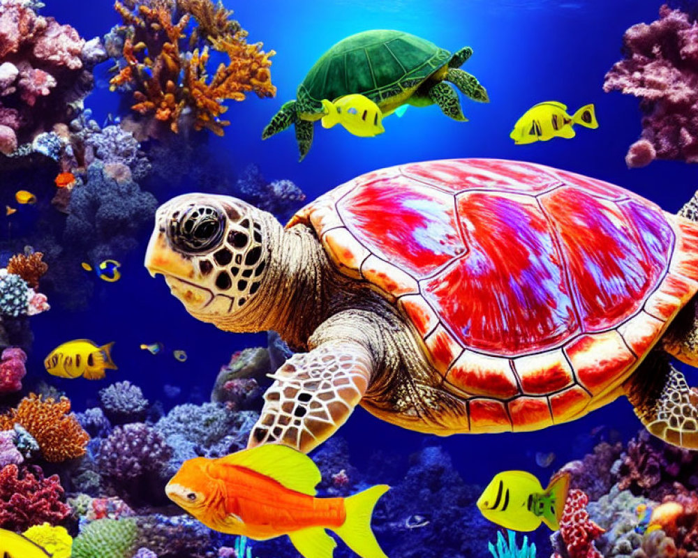 Colorful Underwater Scene with Sea Turtle, Fish, and Coral Reefs