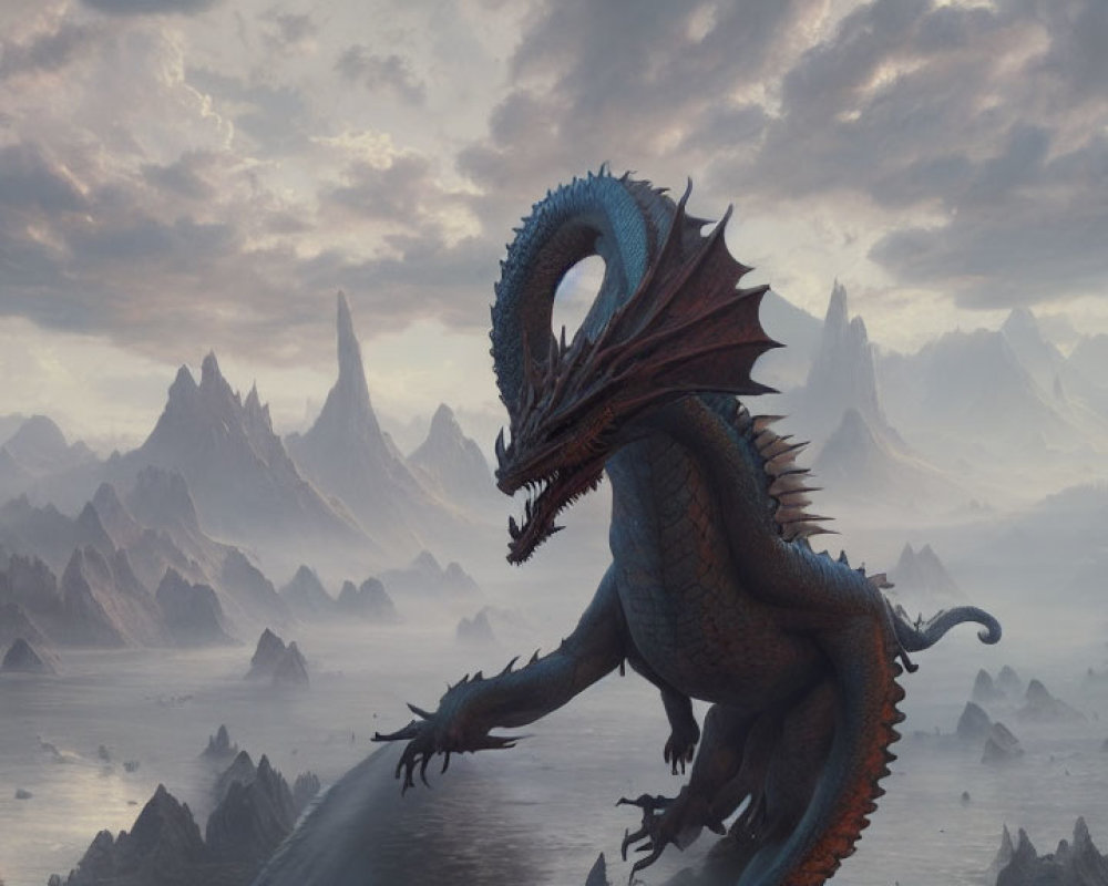 Majestic dragon on rock in misty mountain landscape