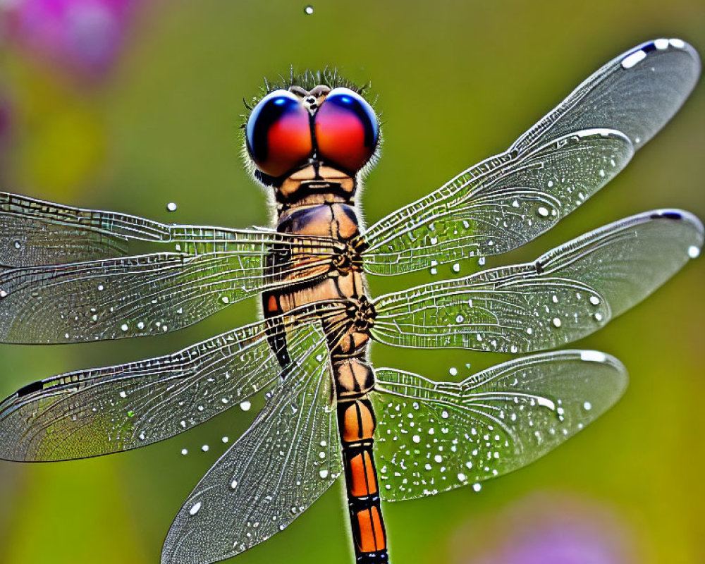 Macro shot of dew-covered dragonfly wings on floral backdrop