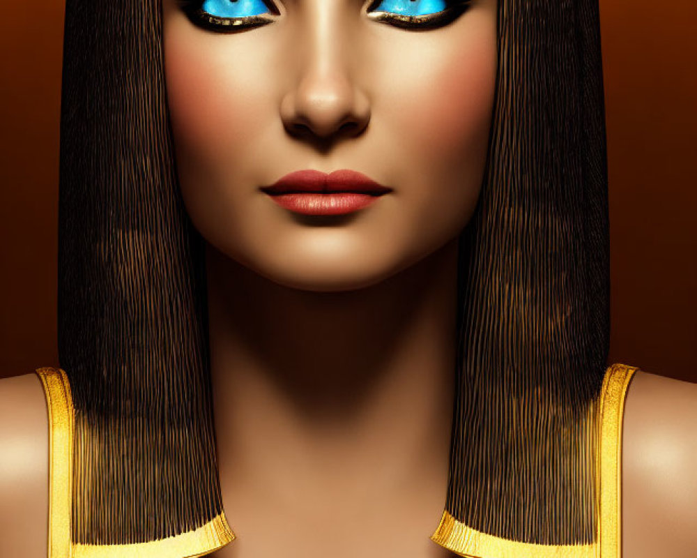 Woman with Cleopatra-Inspired Makeup and Headdress on Orange Background