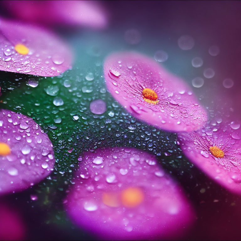 Vibrant purple petals with water droplets showcasing delicate texture