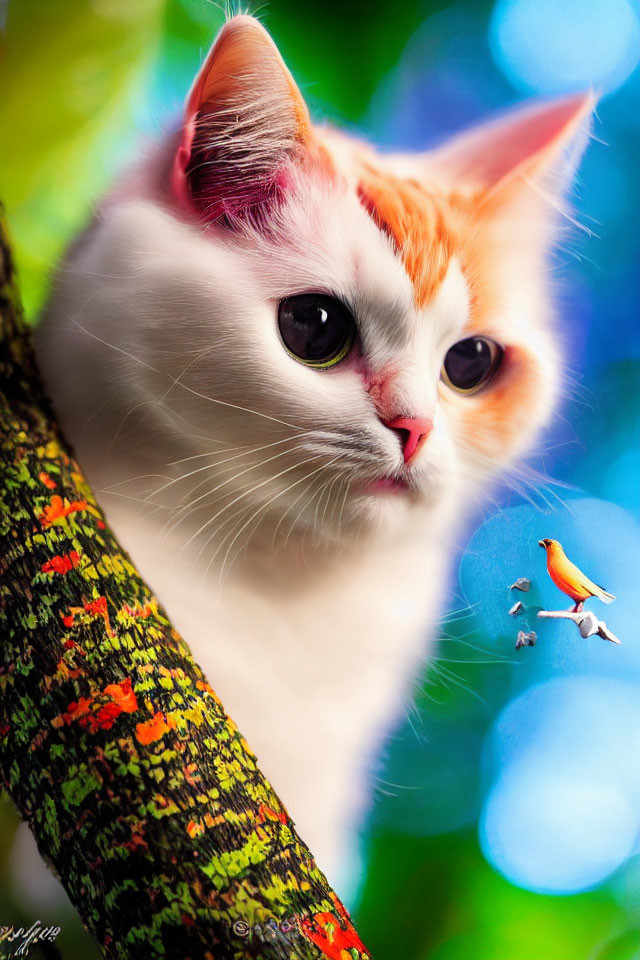 Whimsical artwork of white and orange cat observing vibrant bird