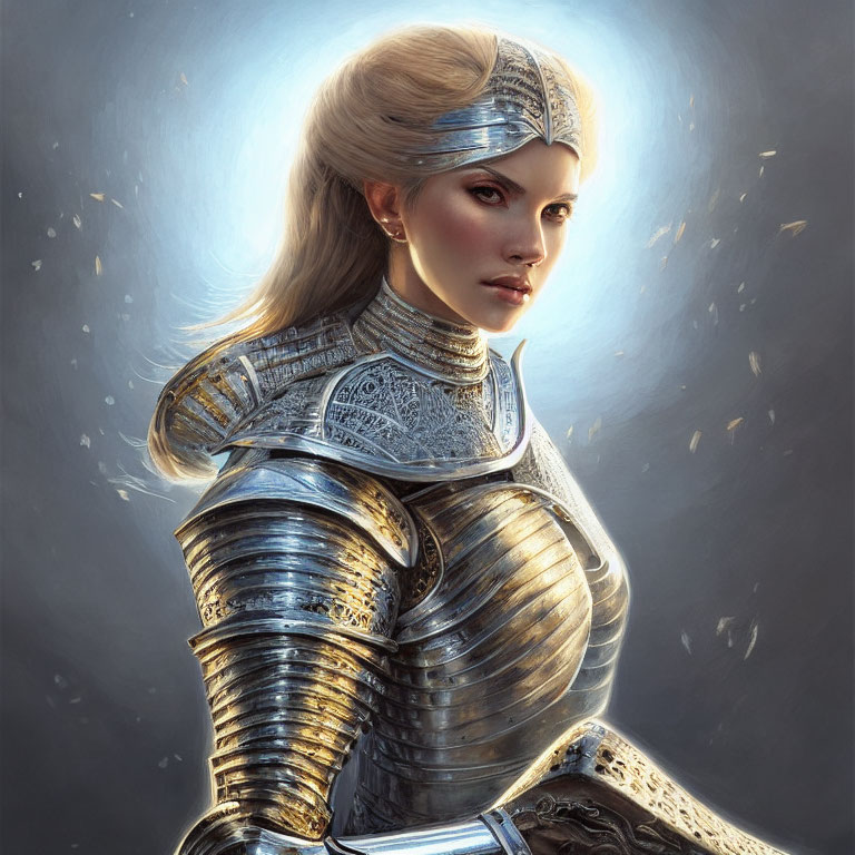 Blonde woman in detailed silver armor and headpiece gazes intently