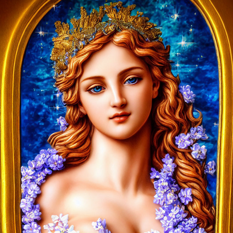 Illustration: Woman with golden hair, leaf crown, blue eyes, purple flowers, starry blue