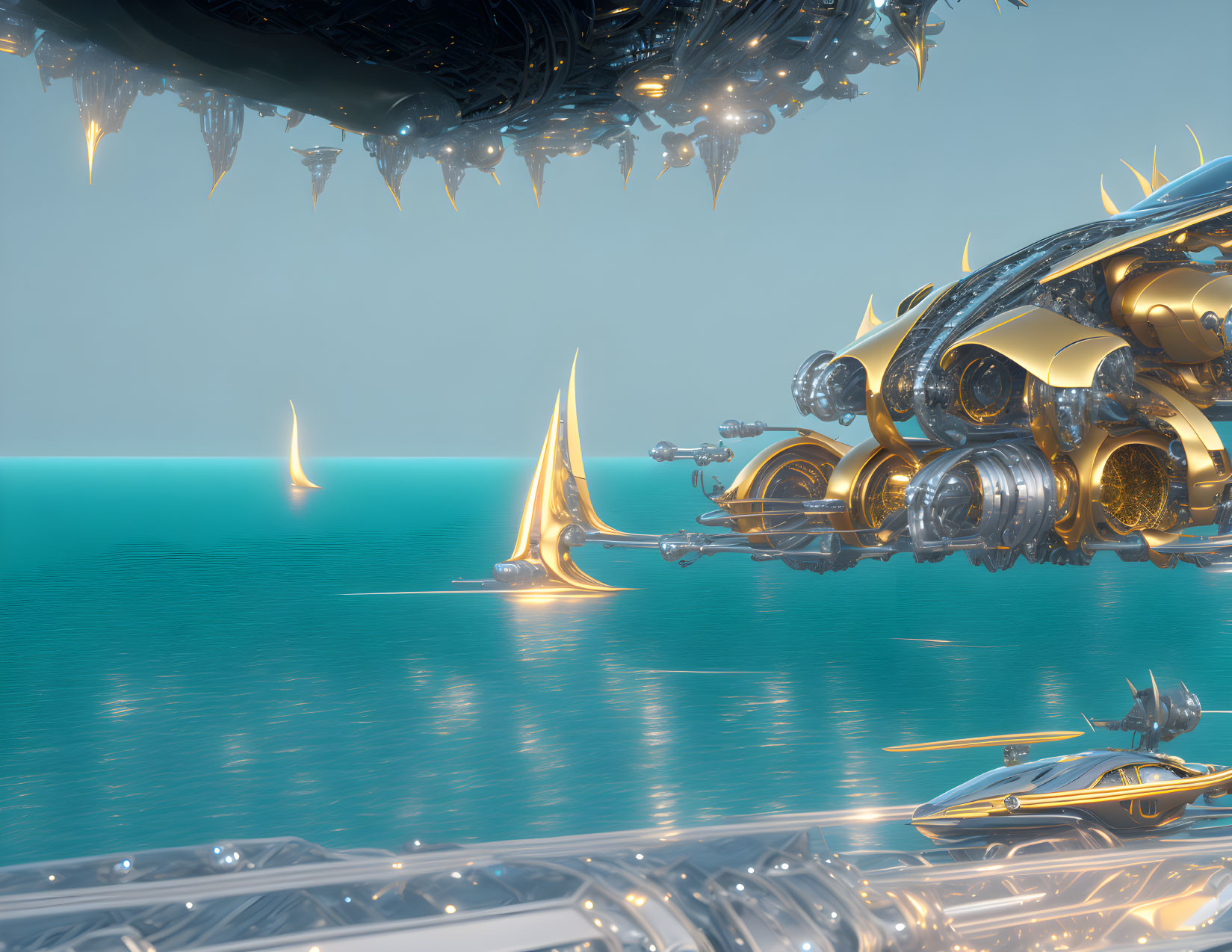 Golden futuristic structures over teal ocean with sail-like elements