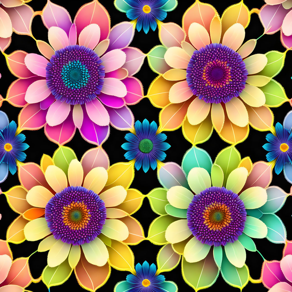 Vibrant stylized flowers in repeating pattern on black background