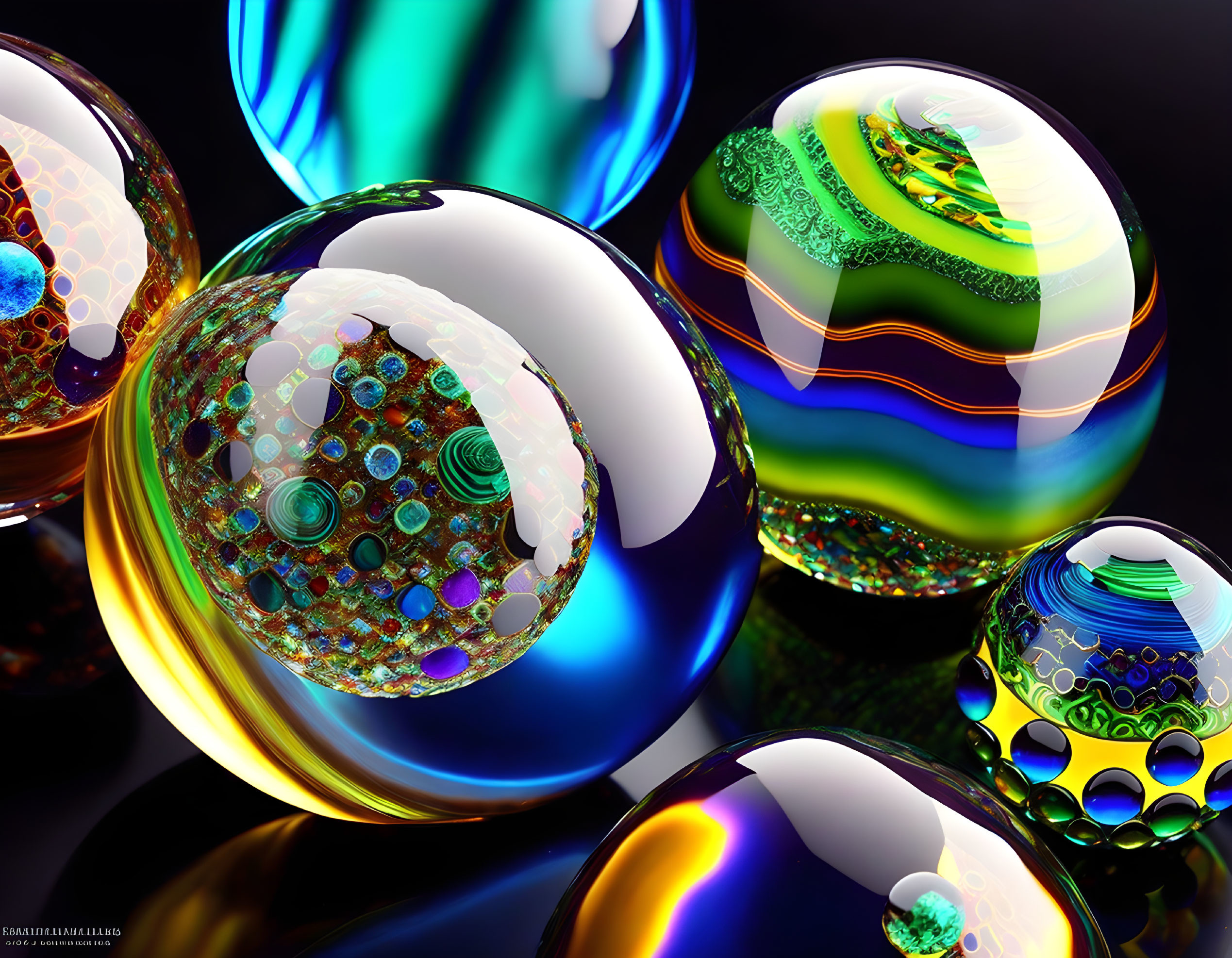 Vibrant glossy marbles with intricate patterns on reflective surface