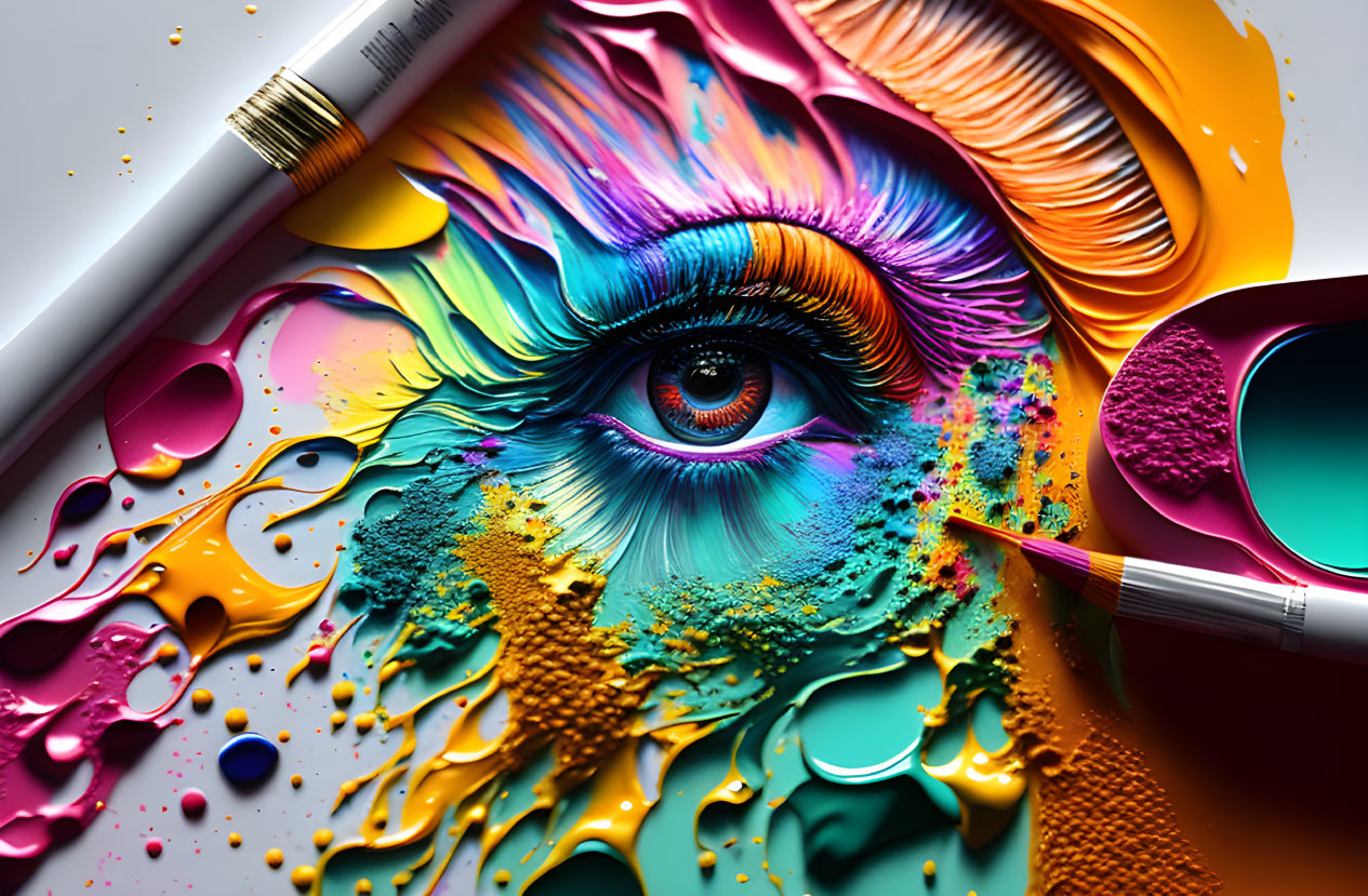 Colorful eye artwork with vibrant textures and paint splatters