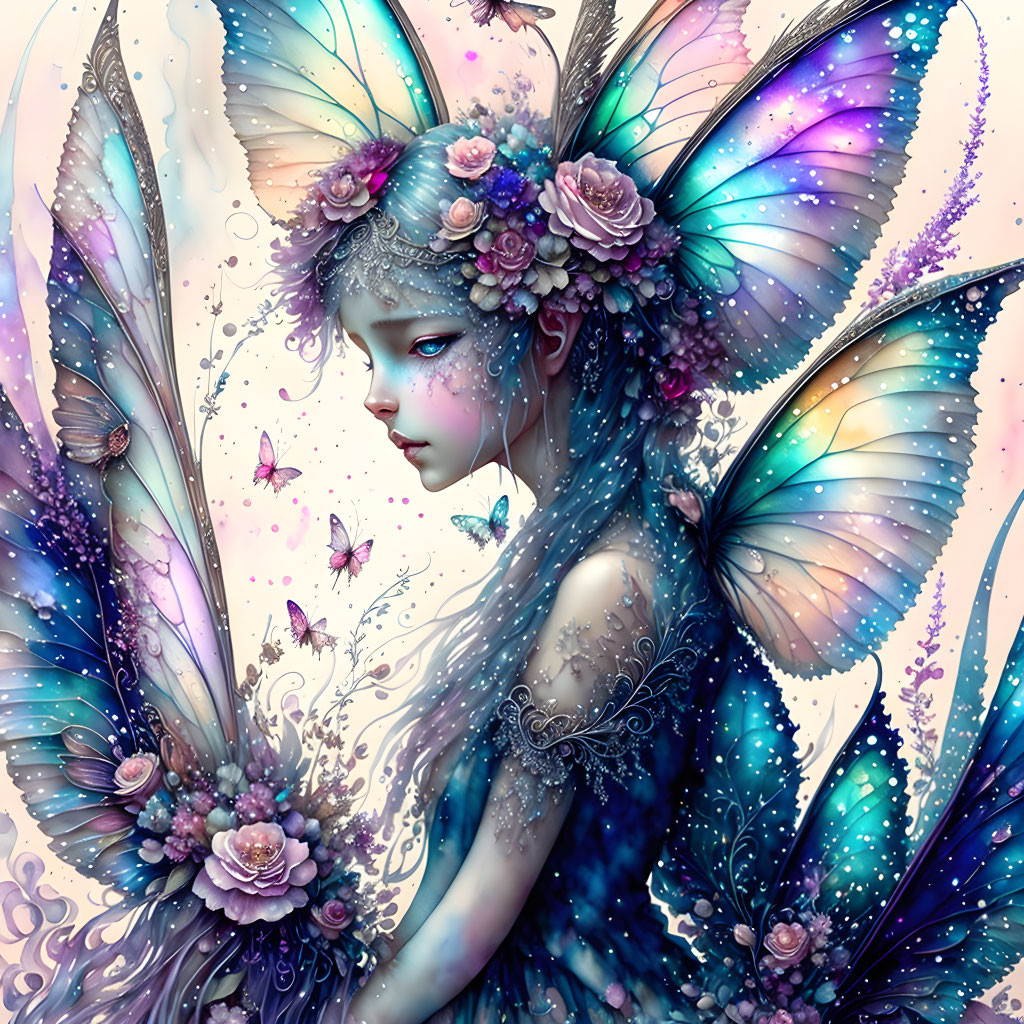 Whimsical fairy with multicolored butterfly wings and flowers in vibrant art style