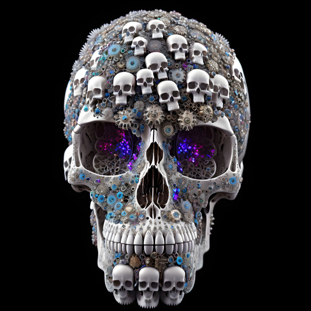 Intricate ornate skull with smaller skulls, gears, and purple elements on black background