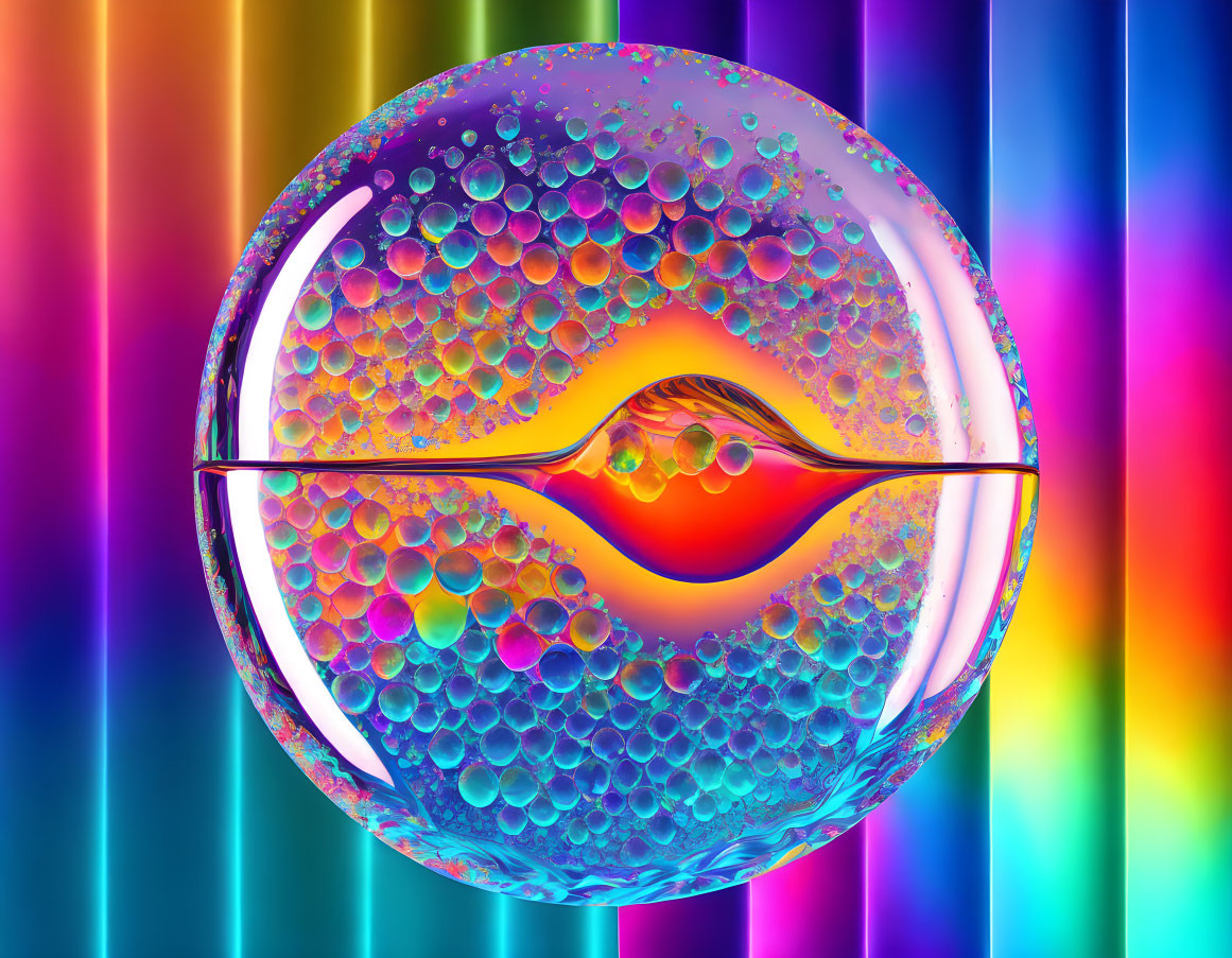 Colorful Bubble with Swirling Patterns on Striped Background