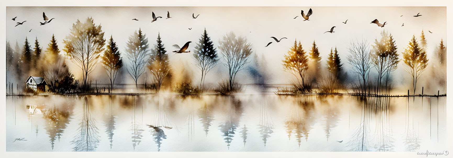 Tranquil lake landscape with birds, trees, cabin & warm colors