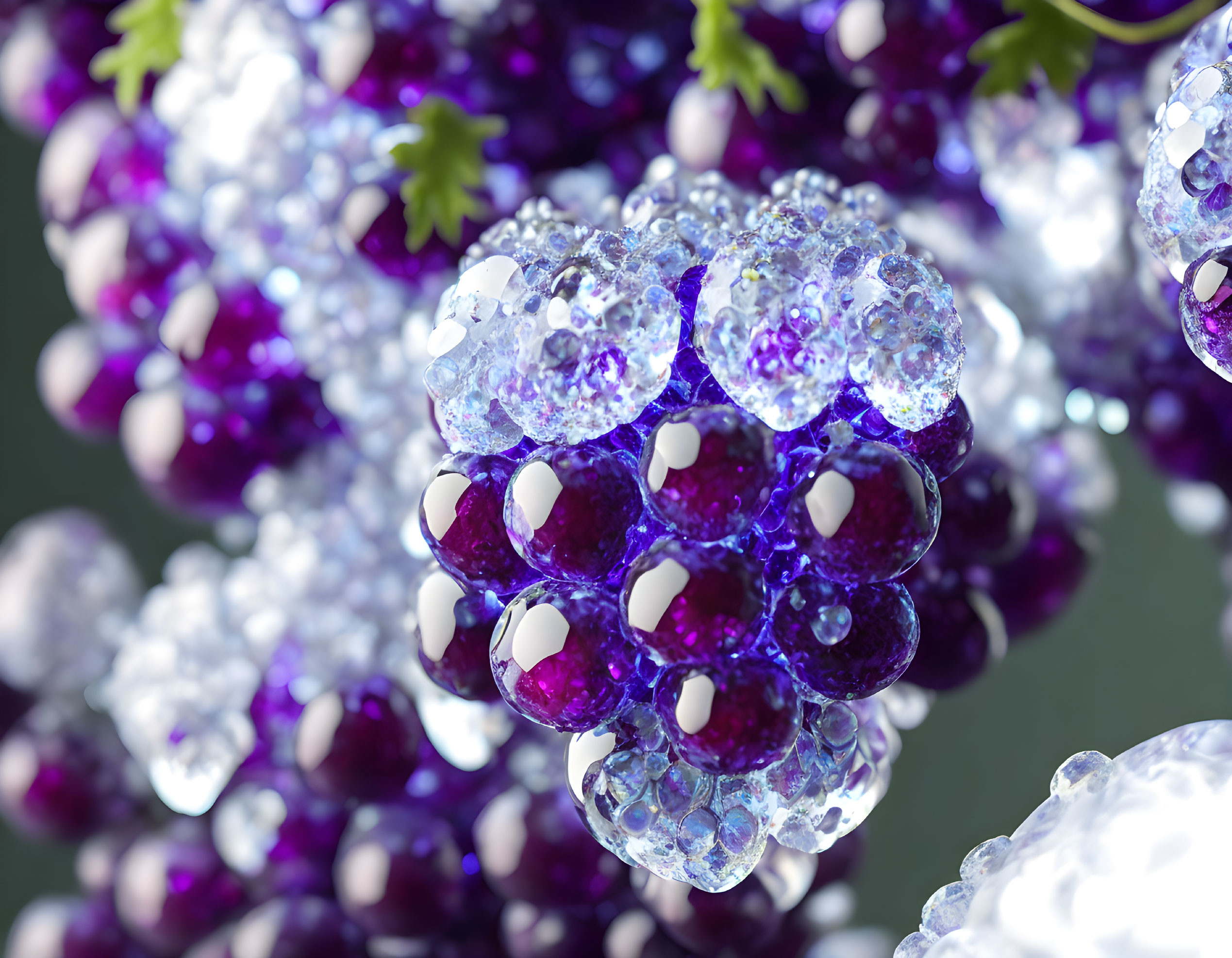 Detailed Close-Up of Glistening Purple and White Grapes on Blurred Green Background