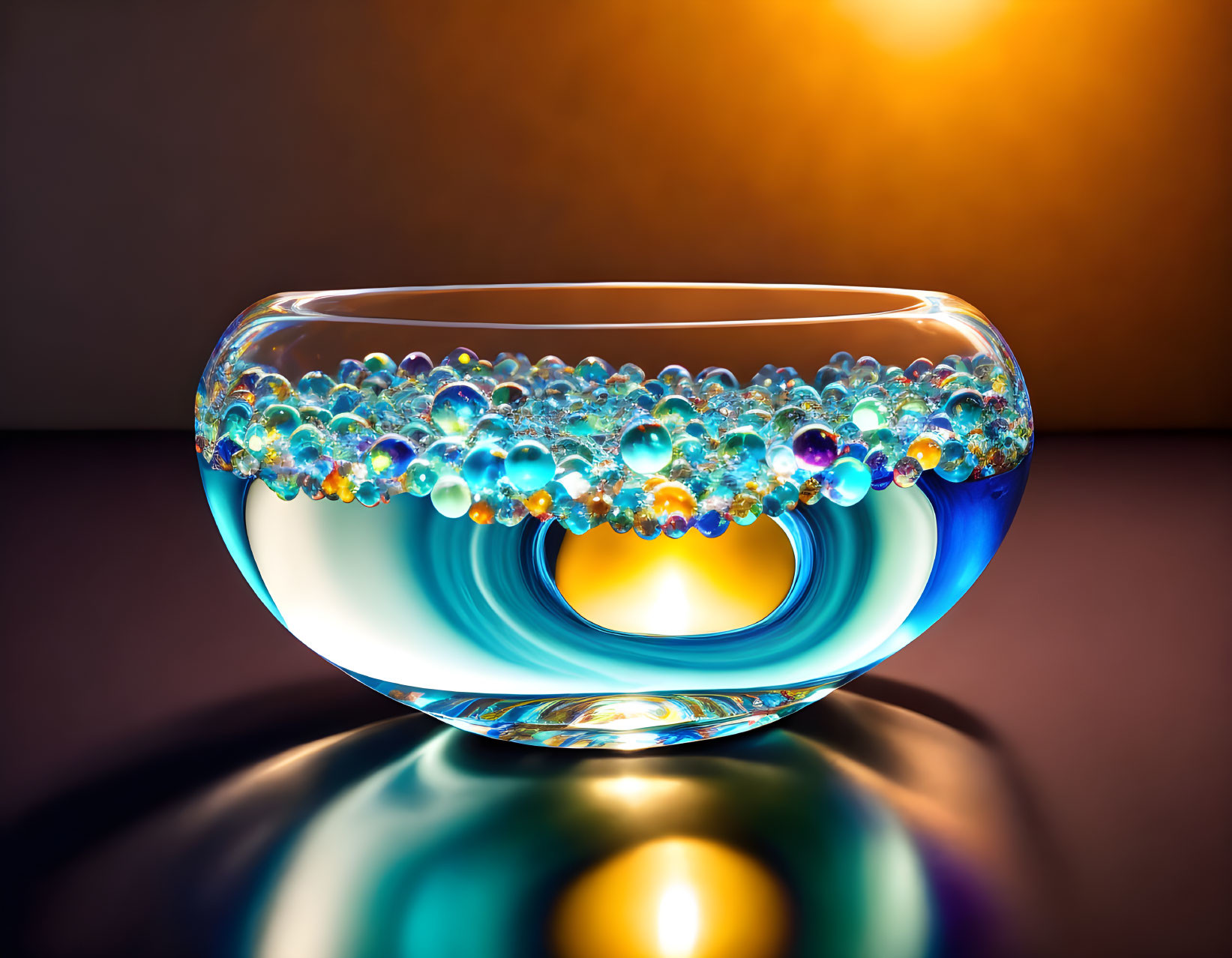 Translucent Glass Bowl with Colorful Bubbles and Warm Lighting