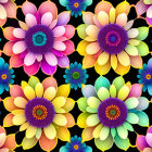 Vibrant stylized flowers in repeating pattern on black background