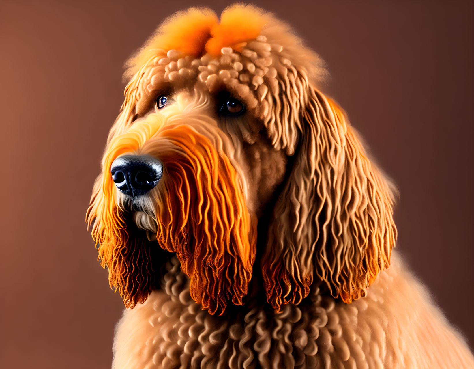 Apricot-Colored Poodle with Curly Fur on Brown Background