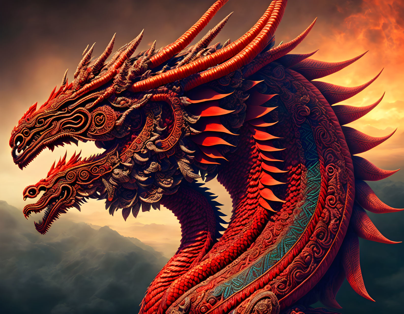 Vibrant multi-headed dragon in red and orange scales against fiery backdrop