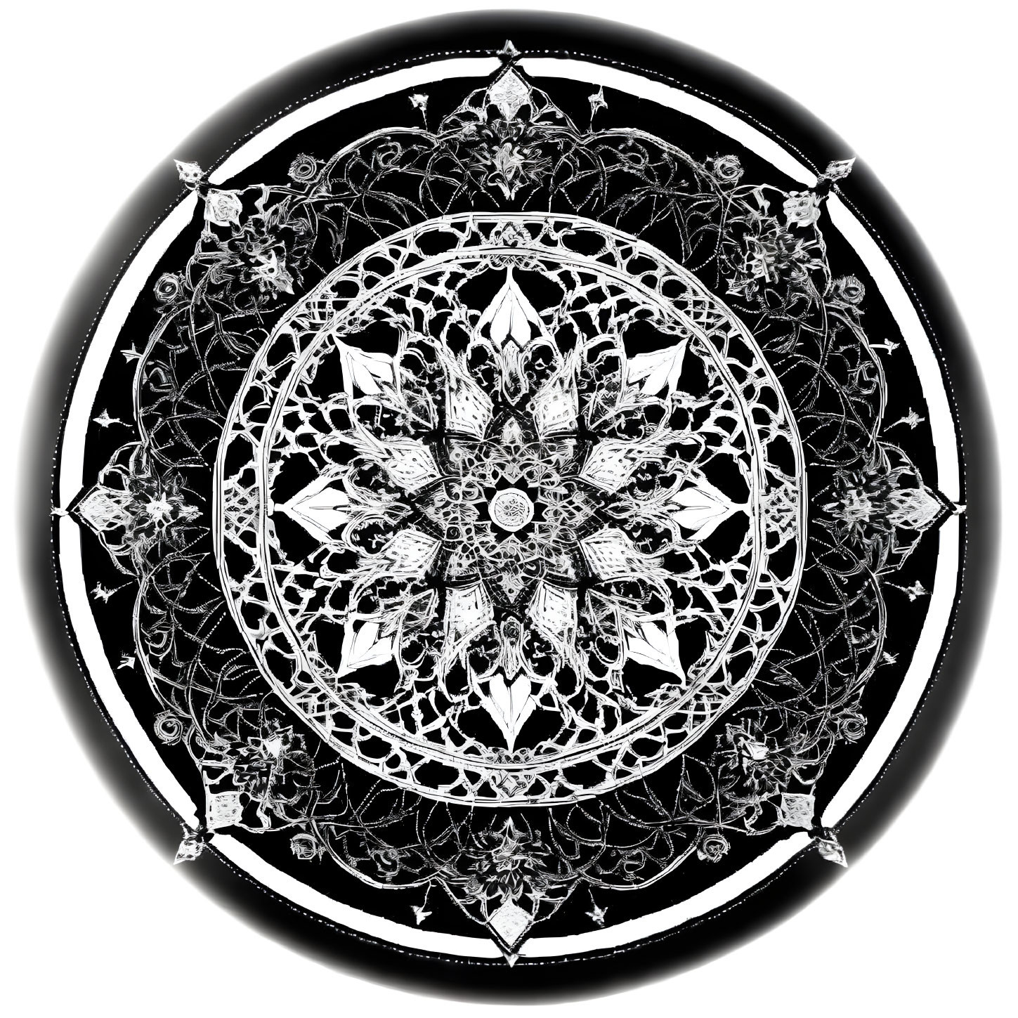 Detailed Black and White Mandala Design with Floral Patterns and Filigree Details