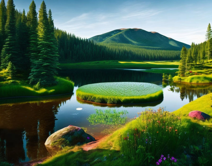 Serene lake scene with floating vegetation, pine trees, wildflowers, and mountain view