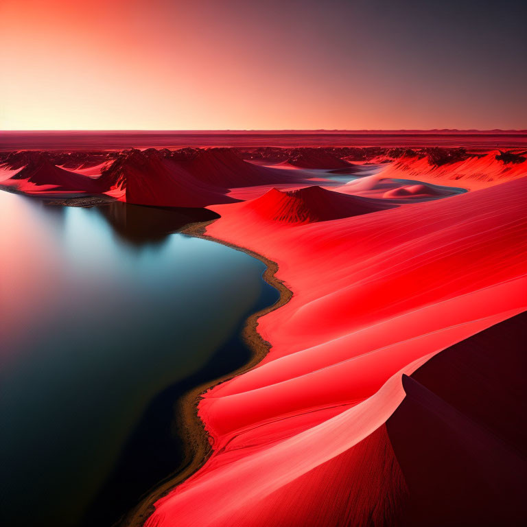 Red sand dunes and blue oasis under fiery sunset in serene desert.