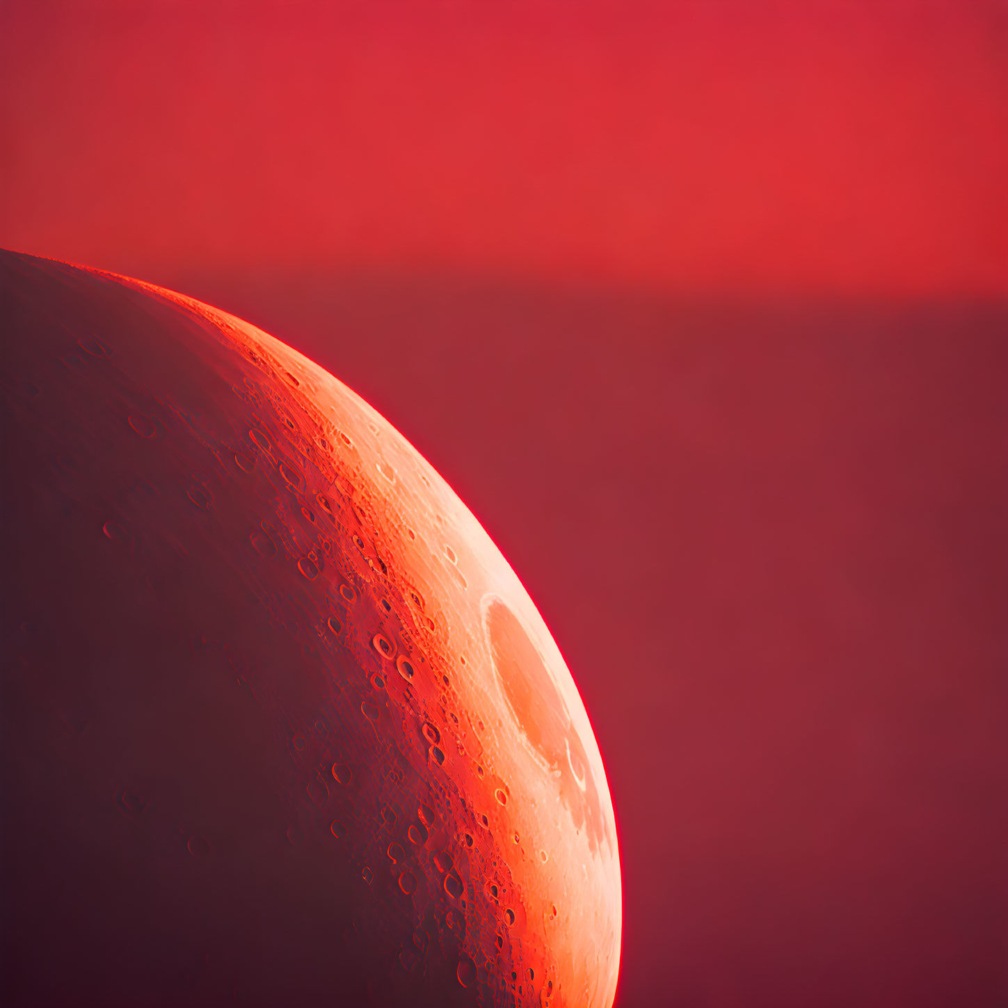 Detailed close-up of moon's surface with craters on red backdrop