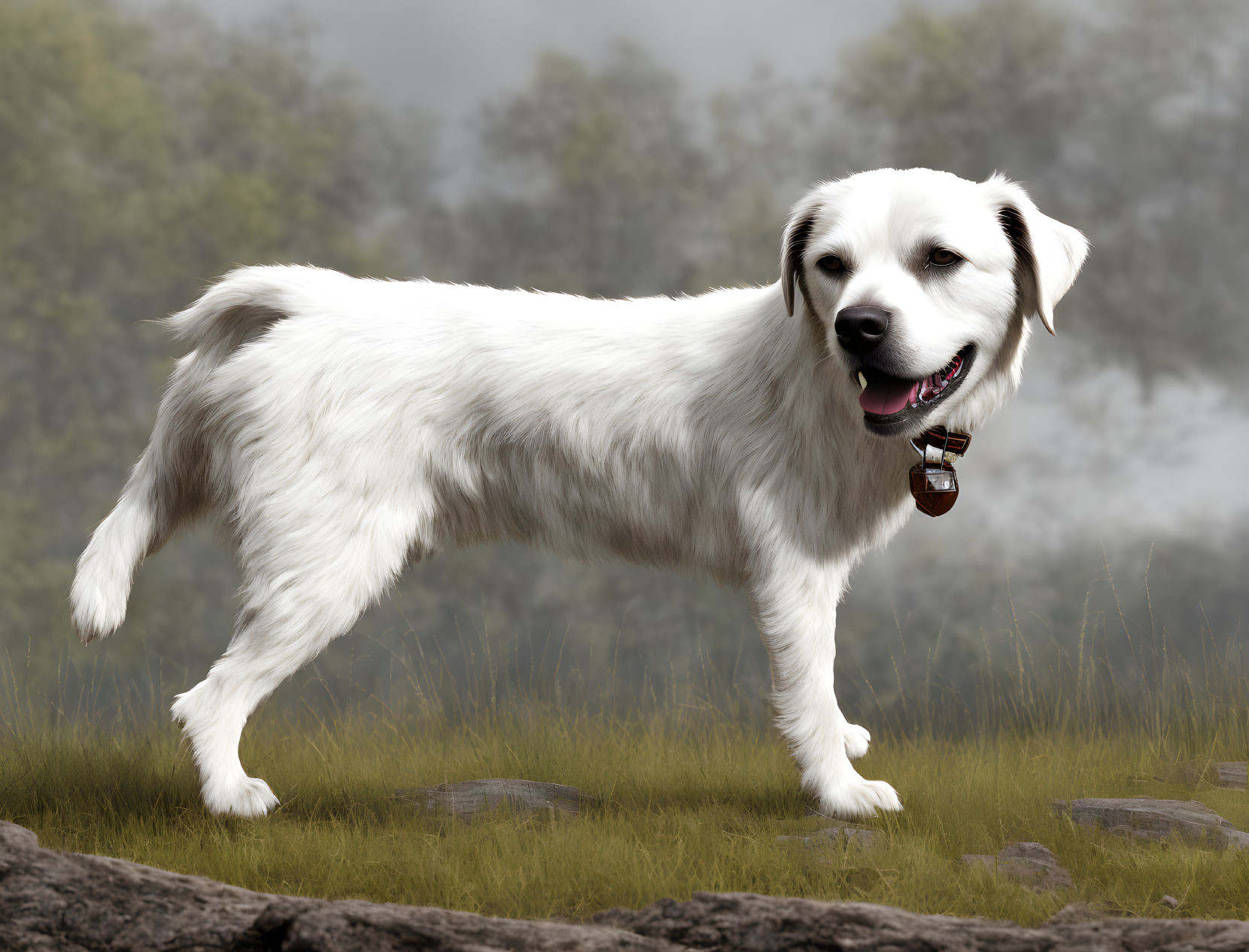 White dog with collar in misty field with greenery background