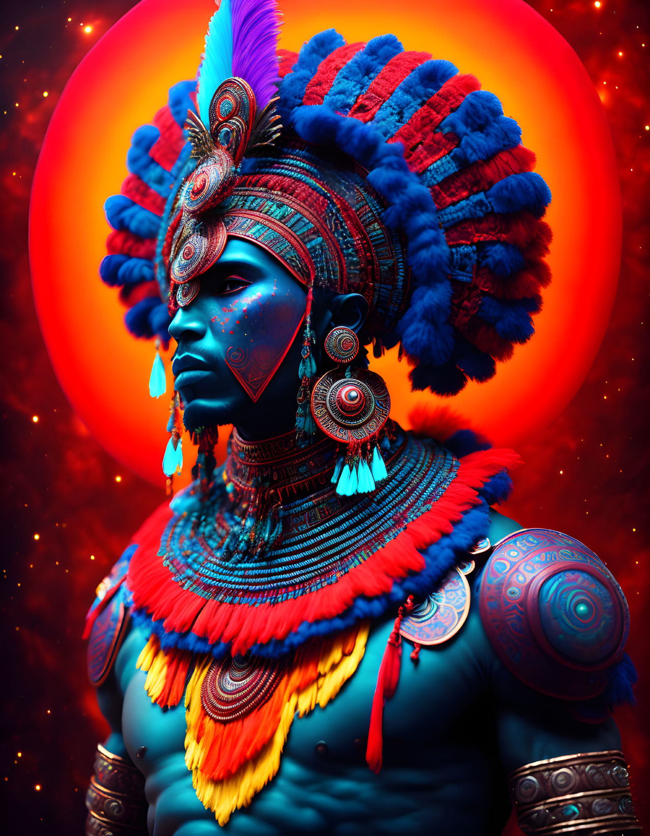 Colorful digital artwork: Figure with red and blue headdress and intricate face paint against fiery backdrop