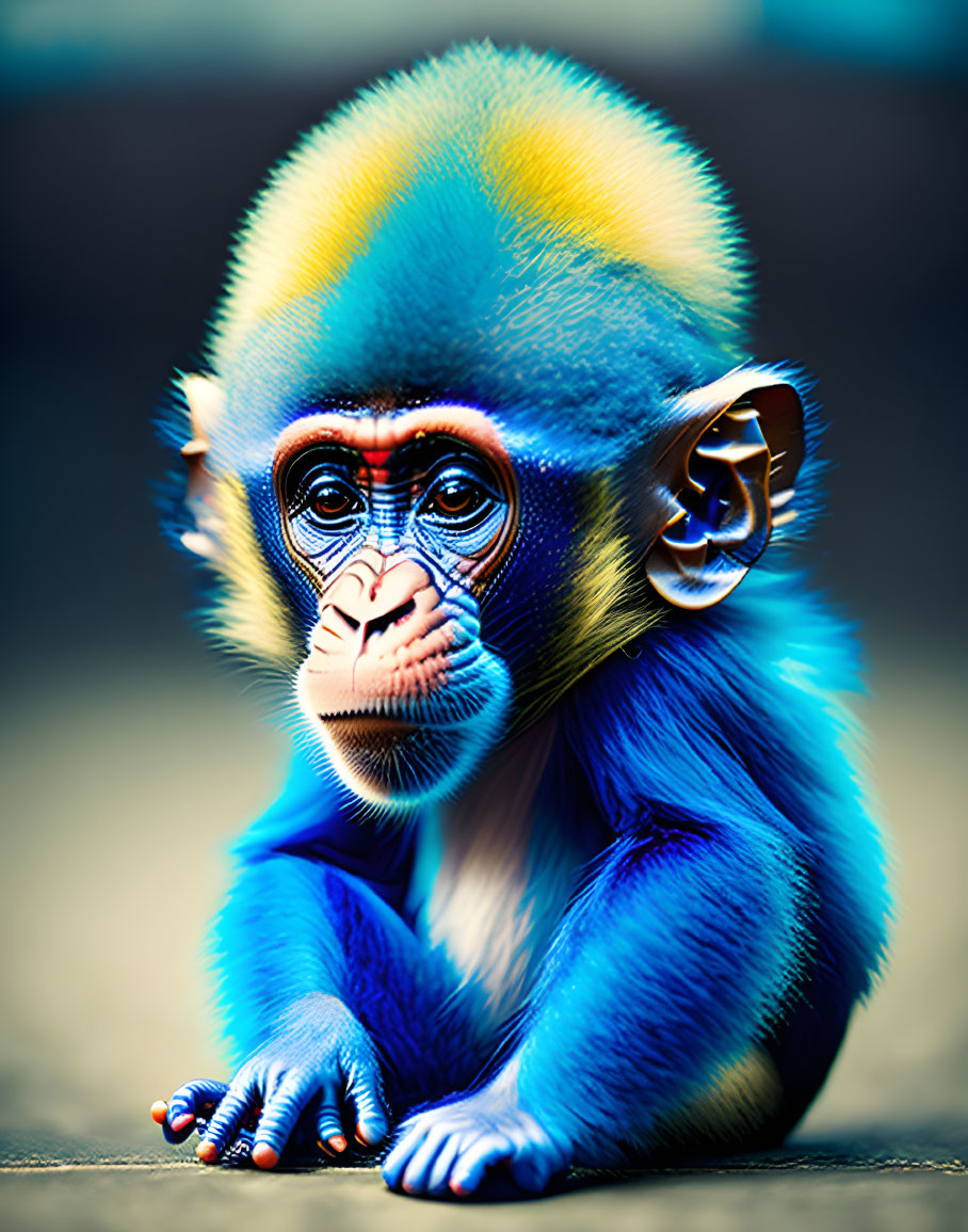 Colorful Baby Monkey with Blue Fur and Thoughtful Eyes on Surface