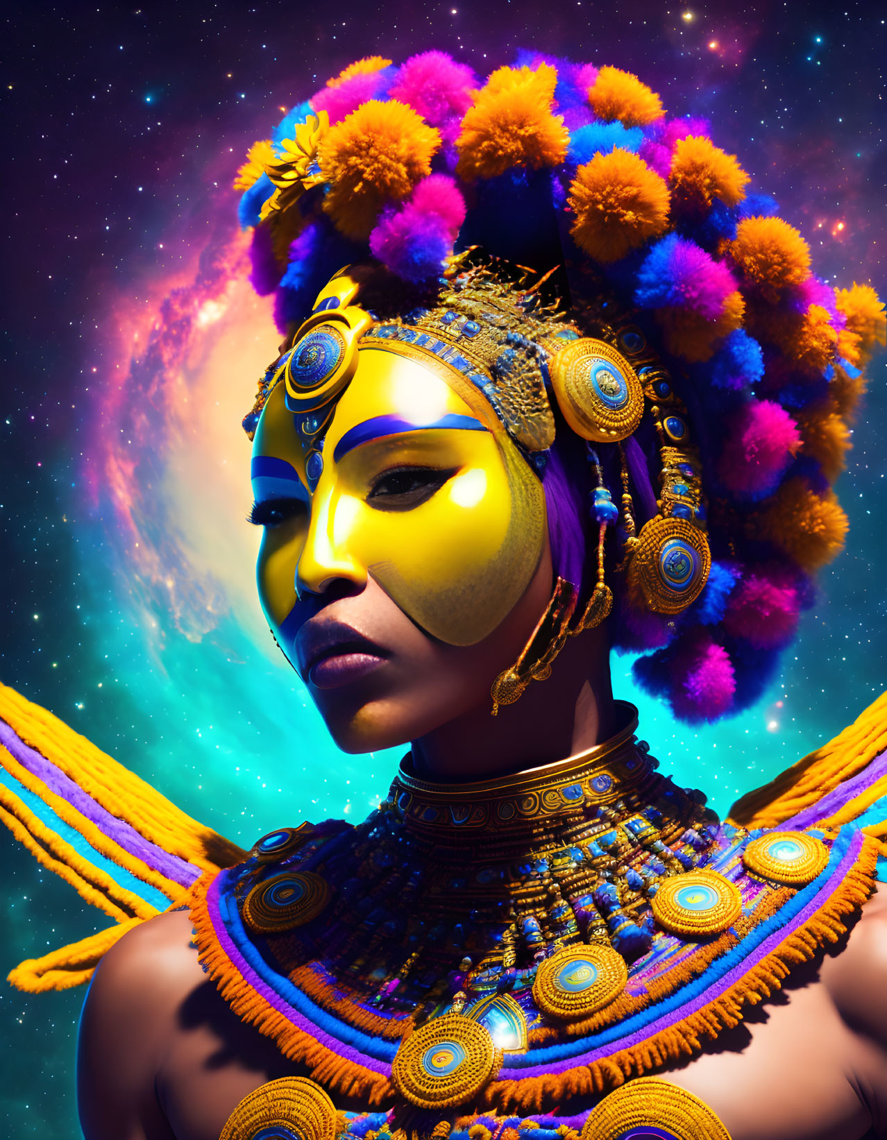 Colorful portrait with elaborate makeup and headdress against cosmic backdrop