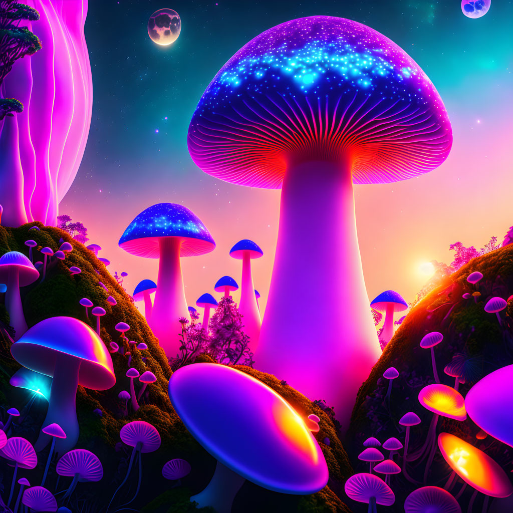 Fantasy landscape with oversized luminescent mushrooms under starry sky