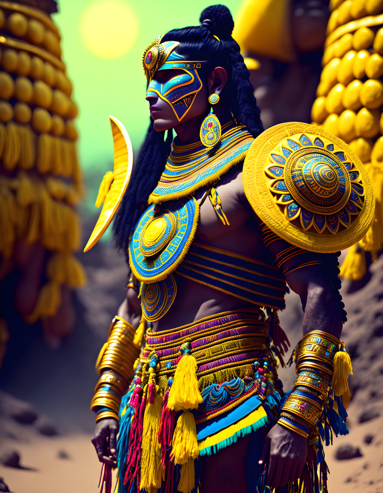 Elaborate Warrior Digital Artwork in Blue and Gold