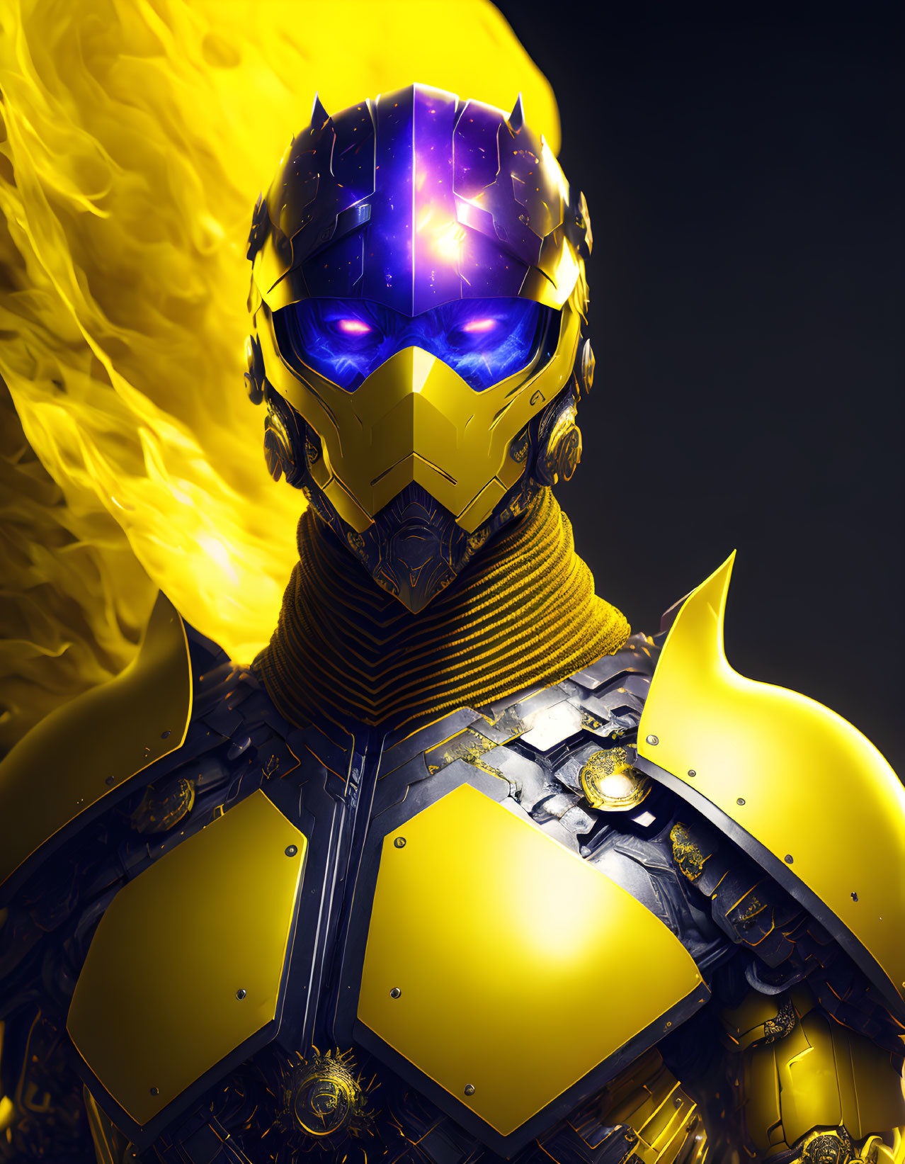 Yellow Armored Suit with Glowing Purple and Blue Helmet on Dynamic Background