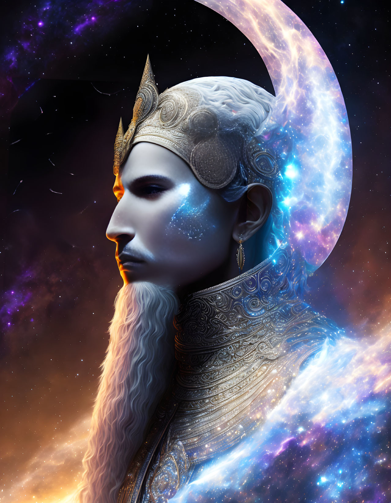 Elven figure in ornate crown and robes against cosmic crescent moon background