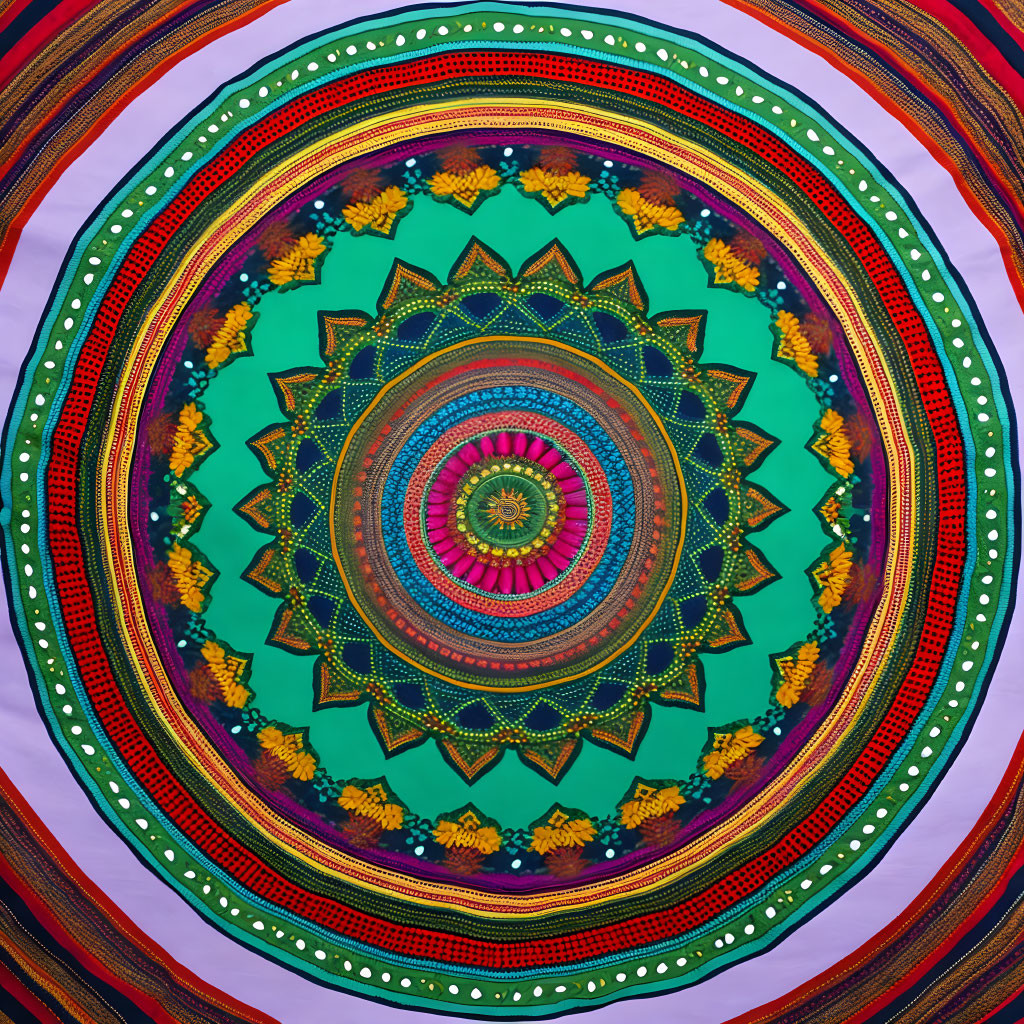 Colorful Symmetrical Mandala Design in Green, Red, and Yellow