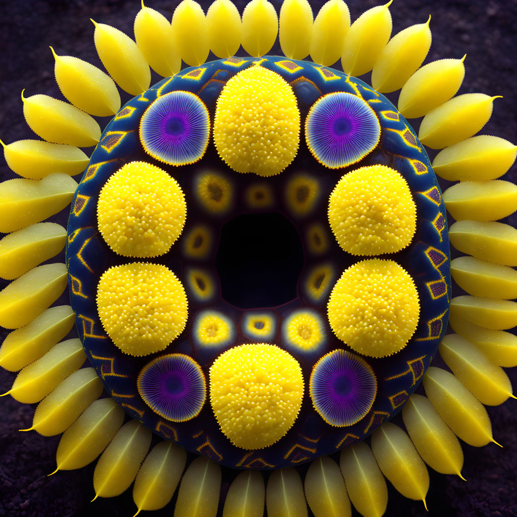 Intricate Yellow and Purple Fractal Art with Floral and Sea Urchin Patterns