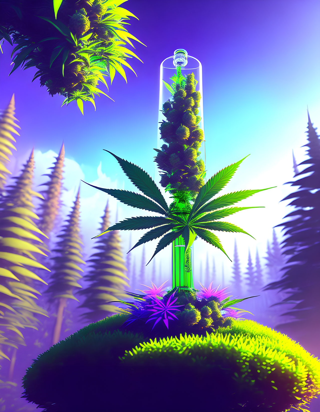 Colorful digital artwork: Cannabis leaf and bong in neon forest