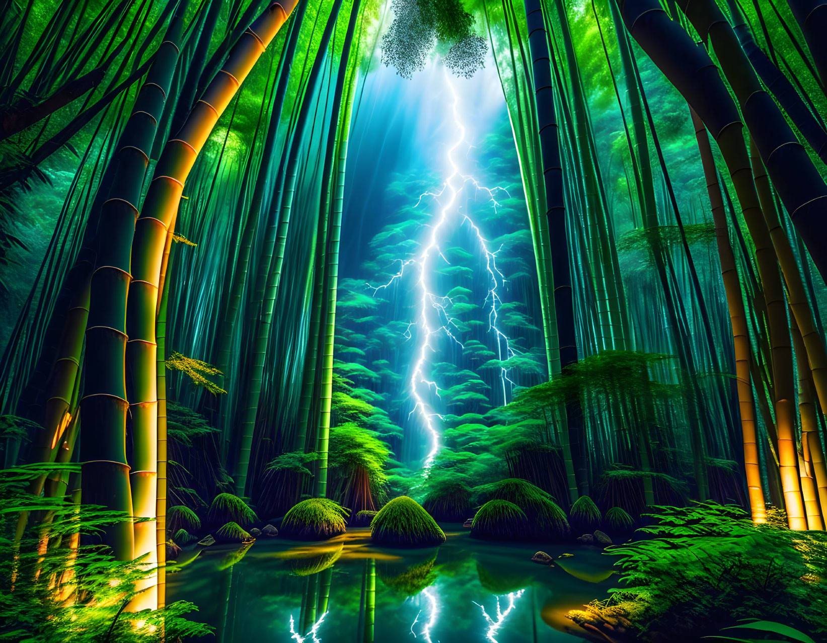 Vibrant green bamboo forest with serene pond and shafts of light