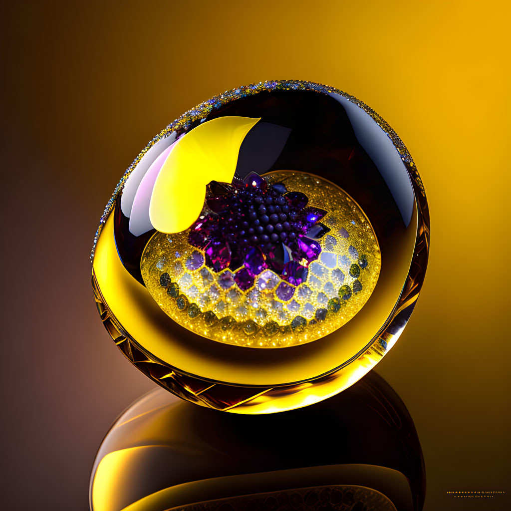 Ornate 3D rendered sphere with golden, black sections & sparkling jewels