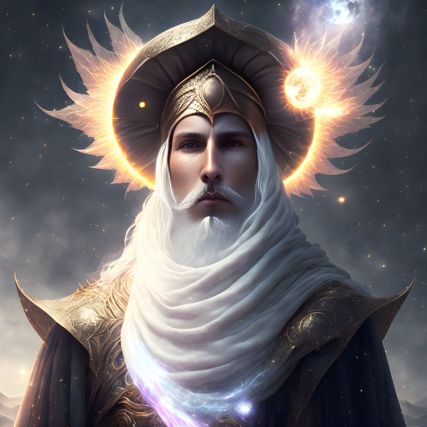 Bearded figure in ornate attire gazes against cosmic backdrop