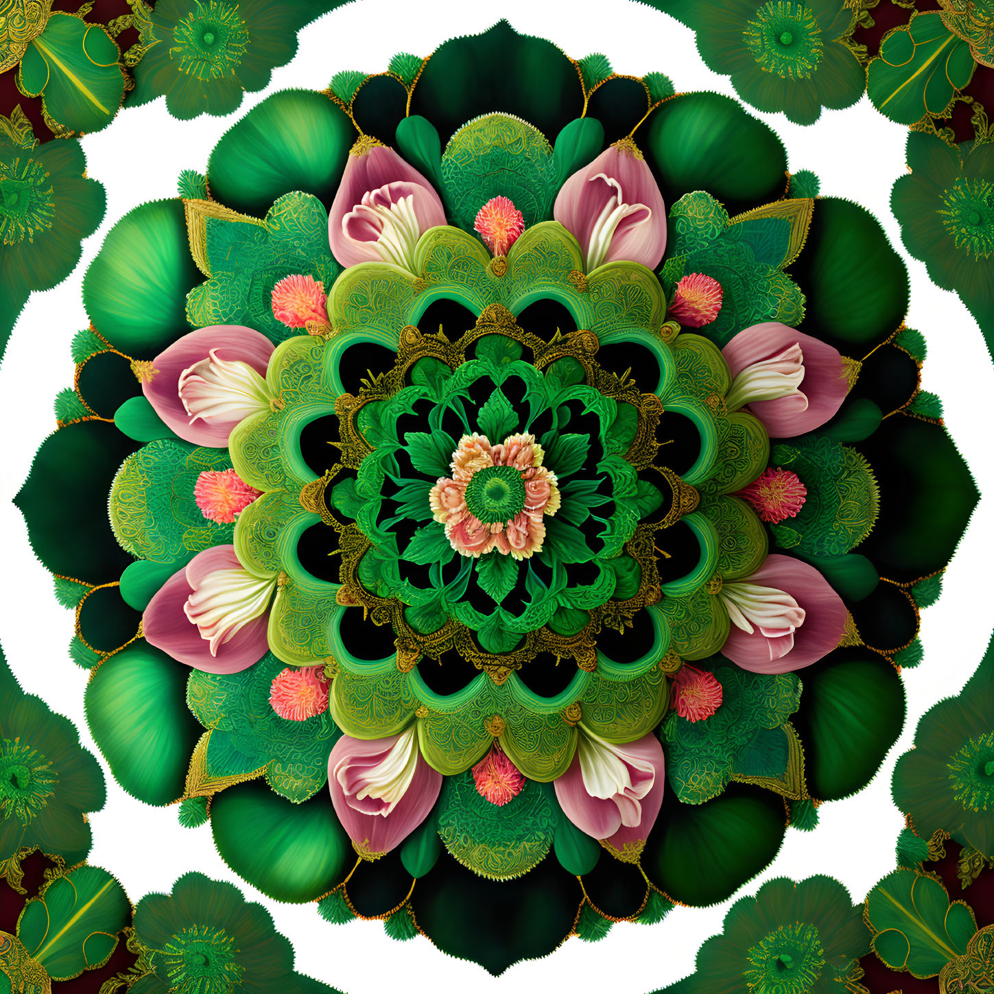 Circular Green and Pink Floral Mandala Pattern on Dark Background